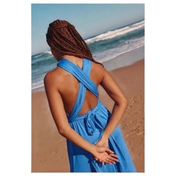 Free People Beach Blue Dani Palazzo infinity Jumpsuit Open Back NWOT Sapphire L - Picture 2 of 5